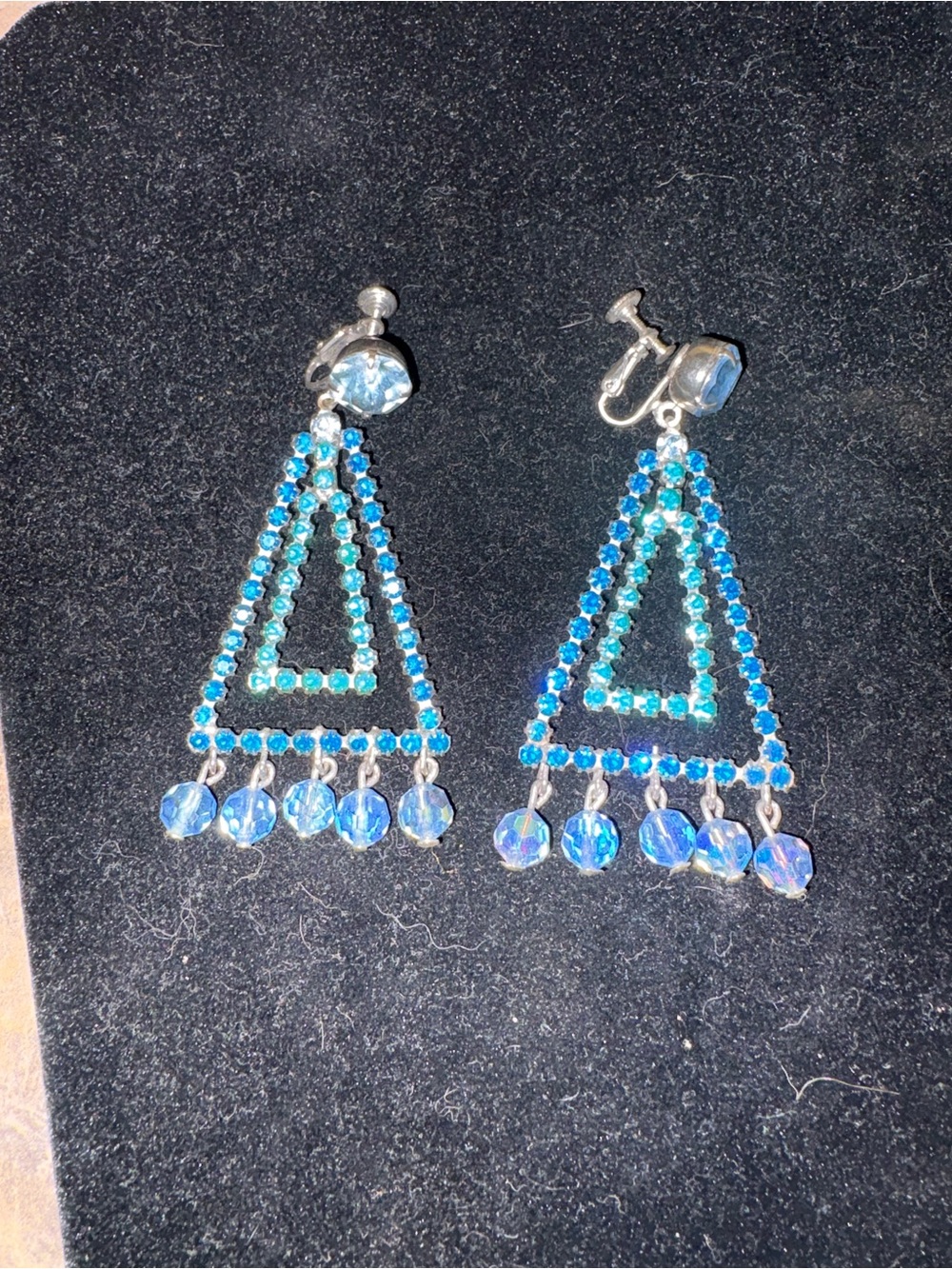 Vintage Blue Crystal Triangle Drop Earrings - Unbranded